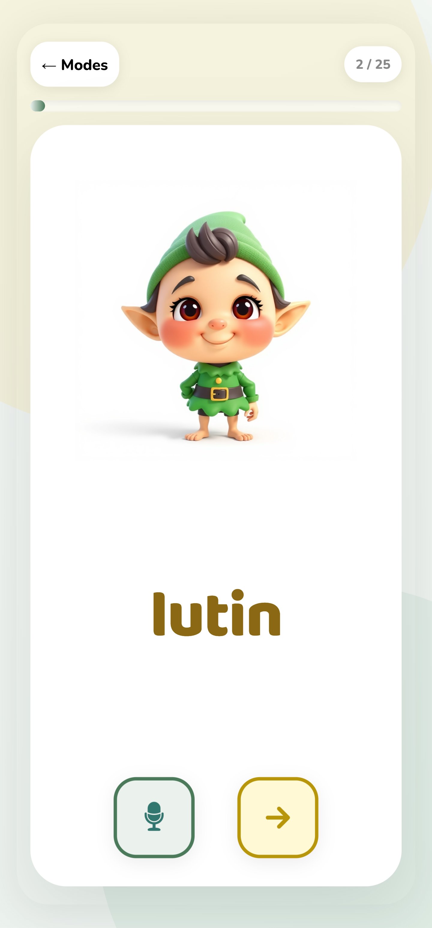 Mode Lecture : un lutin avec le mot 'lutin'