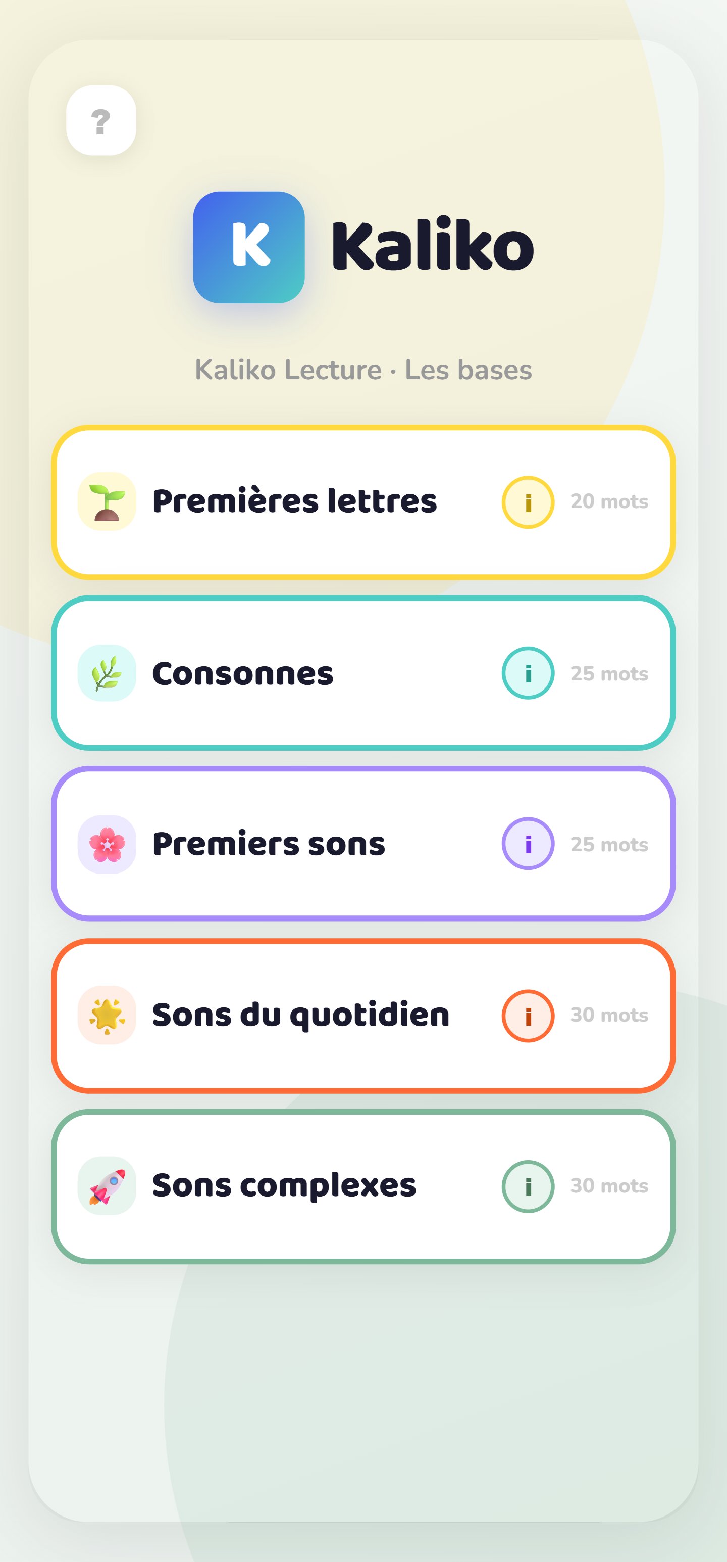 Écran principal de Kaliko Lecture montrant les 5 niveaux